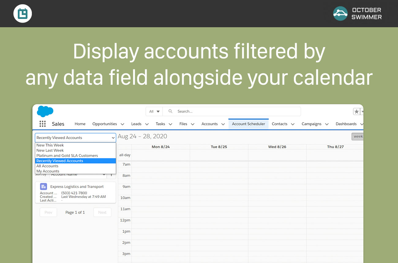 Display accounts filtered by any data field alongside your calendar on one screen