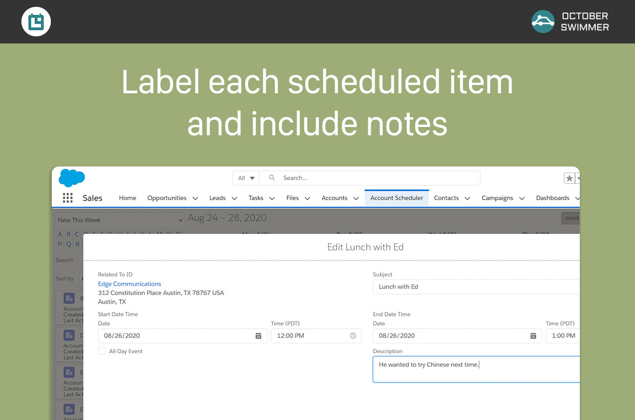 Label each scheduled item and include notes