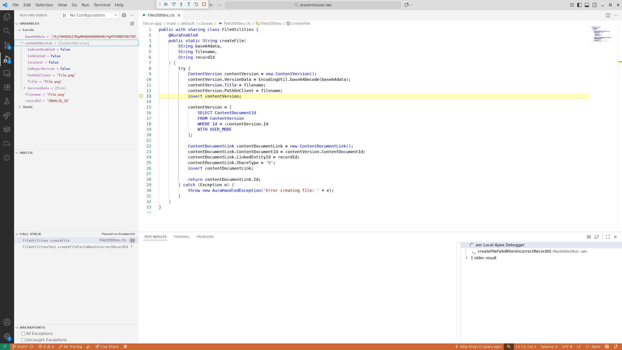 VS Code debugging Apex with aer showing breakpoints, variables, and call stack